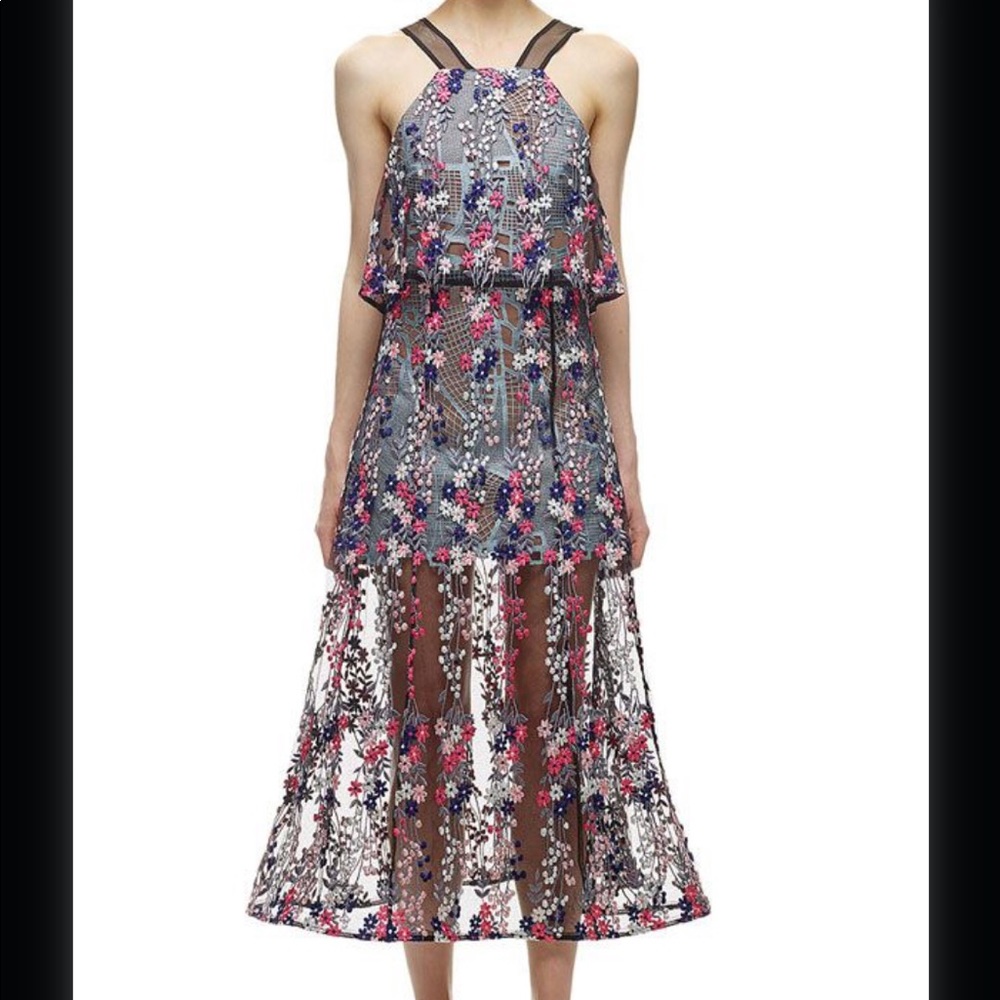 Authentic Self-Portrait Floral Vine Midi Dress, 0